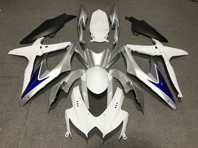 Blanc Brillant Avec Argent & Bleu Noir Mat Inférieur 08-10 GSXR 600-750 Carénage Moto Blanc Brillant Avec Argent & Bleu Noir Mat Inférieur 08-10 GSXR 600-750 Carénage Moto