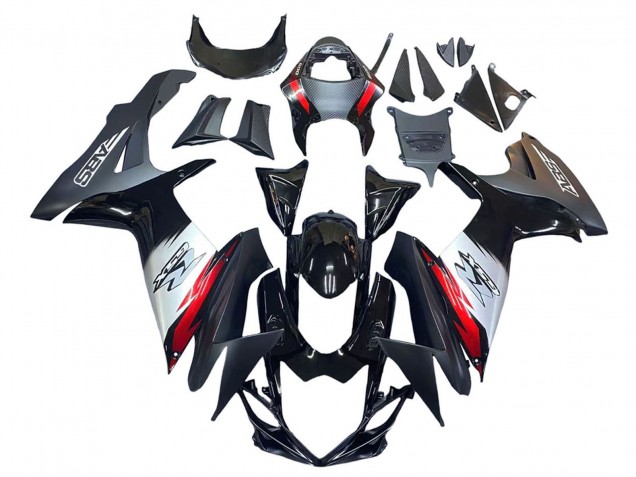 Carénages Moto Suzuki GSXR 600 / GSXR 750 2011-2024 - Noir Brillant Fibre de Carbone Forgée Argent Rouge