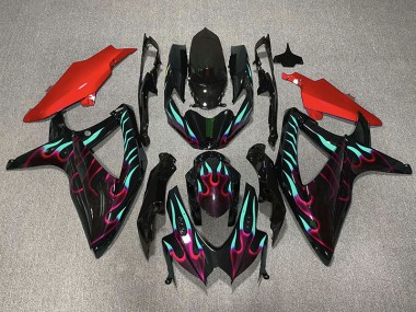 Rouge & Cyan Flamme 08-10 GSXR 600-750 Carénage Moto